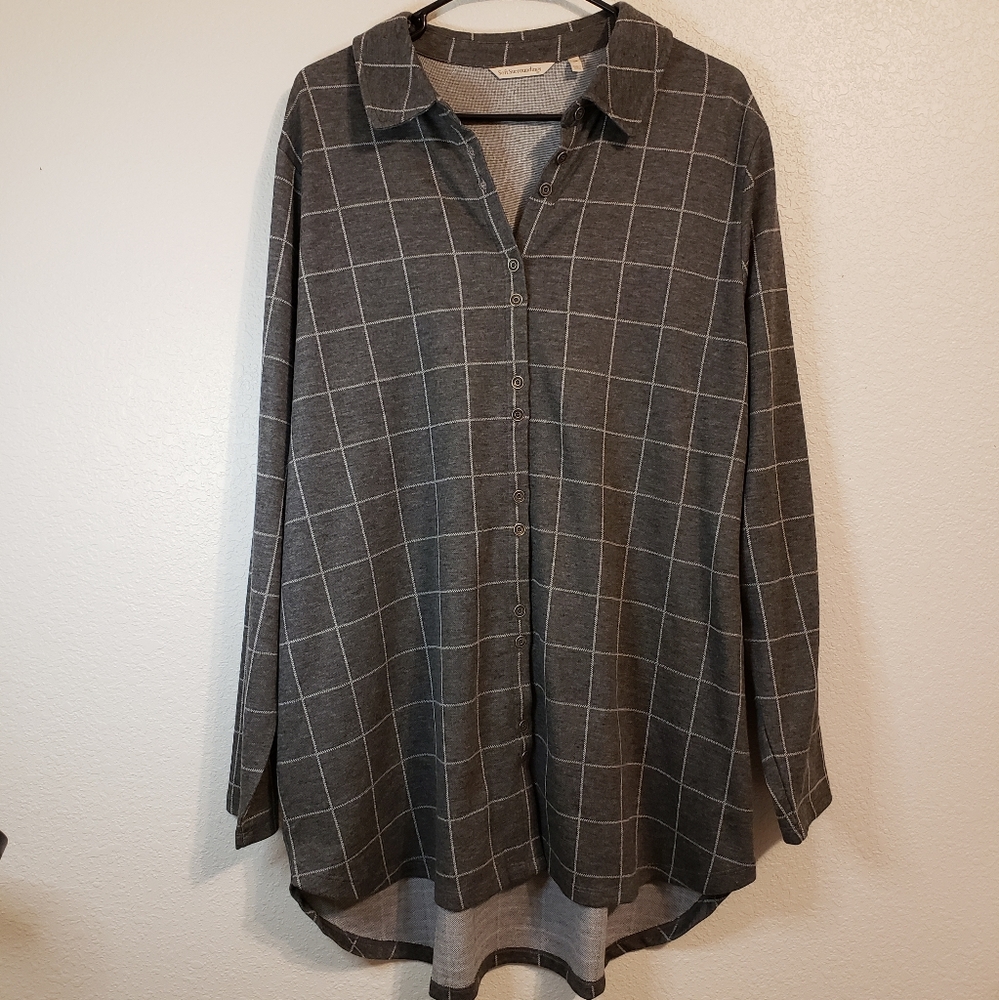 Soft Surroundings | Grey Window Pane Button Down Tunic Top Size 1X